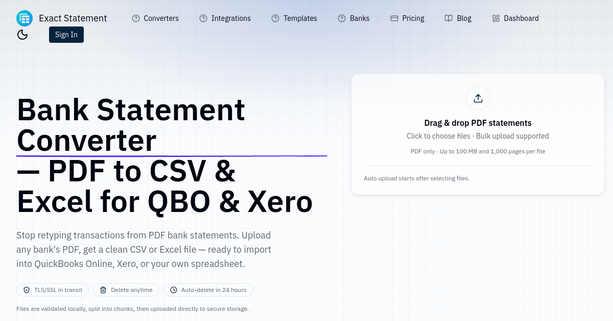 Bank Statement PDF to CSV & Excel Converter | QuickBooks & Xero Import - Exact Statement